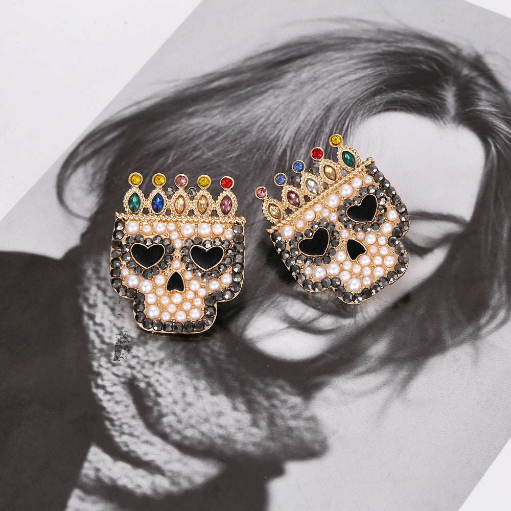 Halloween Skull Pearl Diamond Earrings