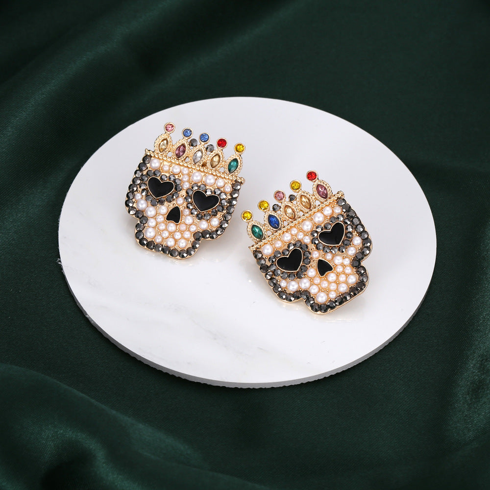 Halloween Skull Pearl Diamond Earrings