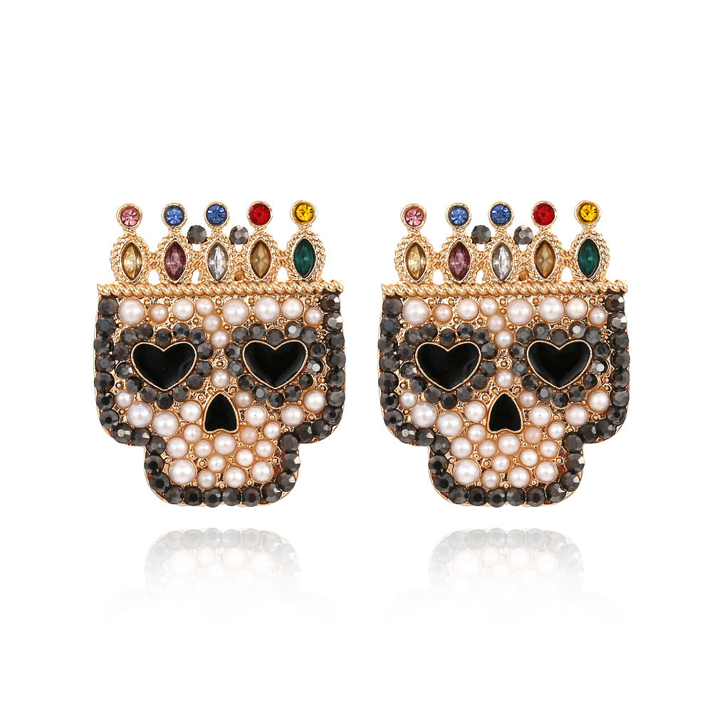 Halloween Skull Pearl Diamond Earrings