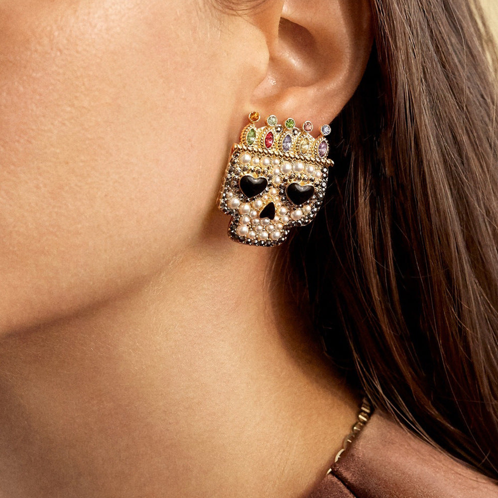 Halloween Skull Pearl Diamond Earrings