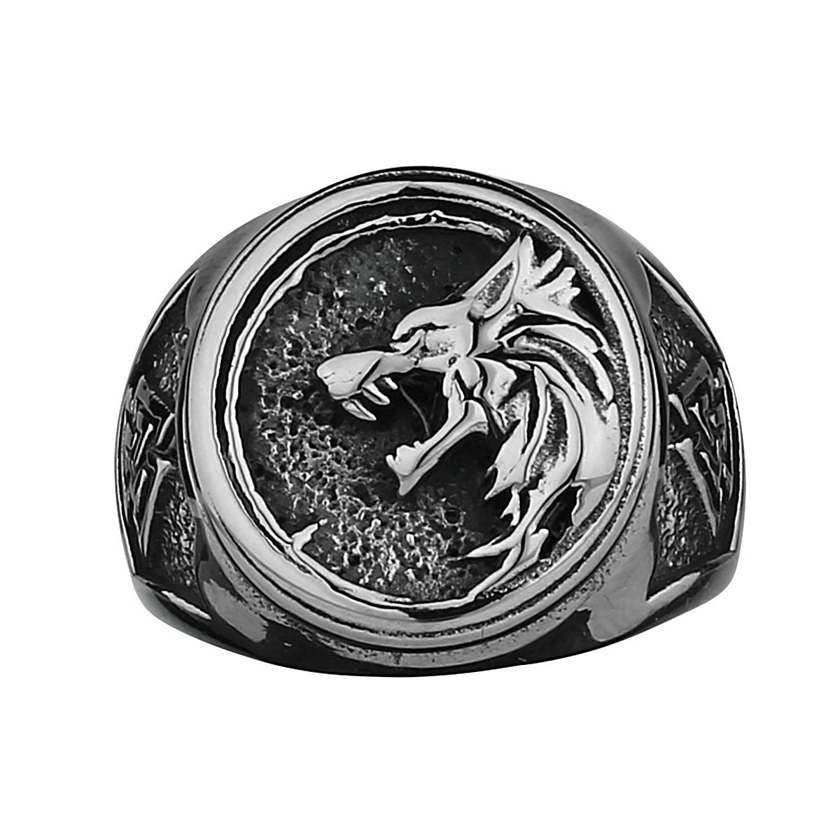 Viking warrior wolf head rune titanium steel ring