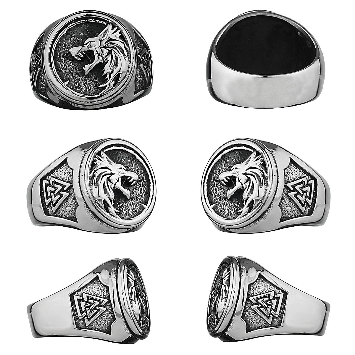 Viking warrior wolf head rune titanium steel ring