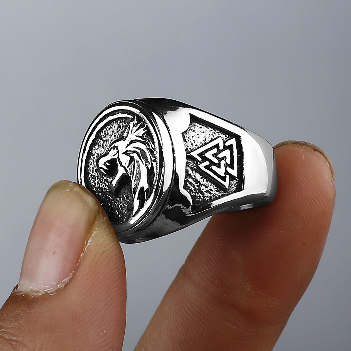 Viking warrior wolf head rune titanium steel ring