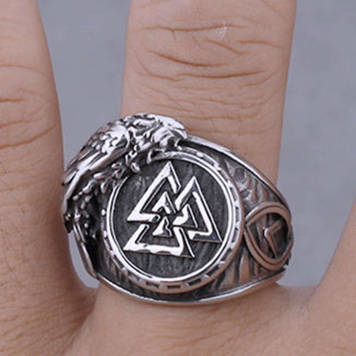 Triangular Rune Crow Titanium Steel Ring