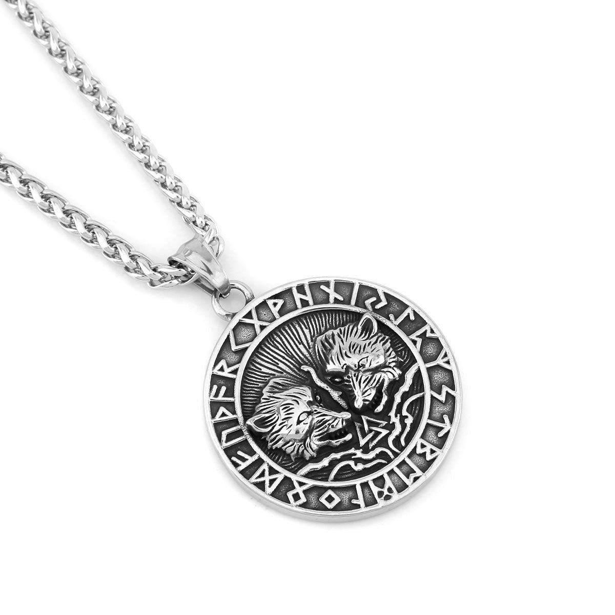 Viking Double Wolf Head Titanium Steel Necklace