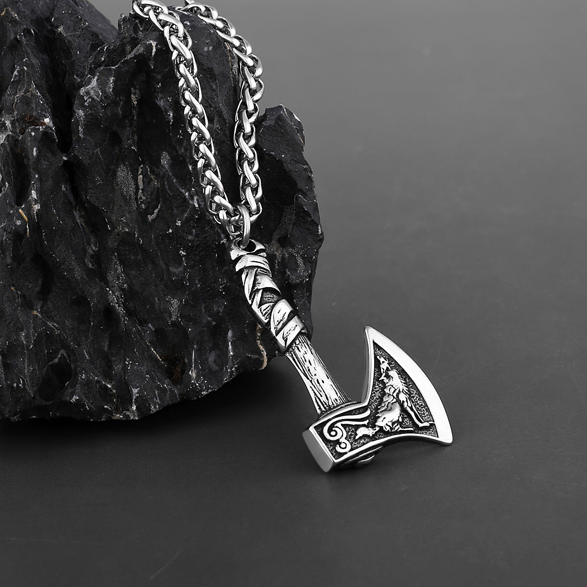 Pirate Crow Wolf Head Axe Necklace