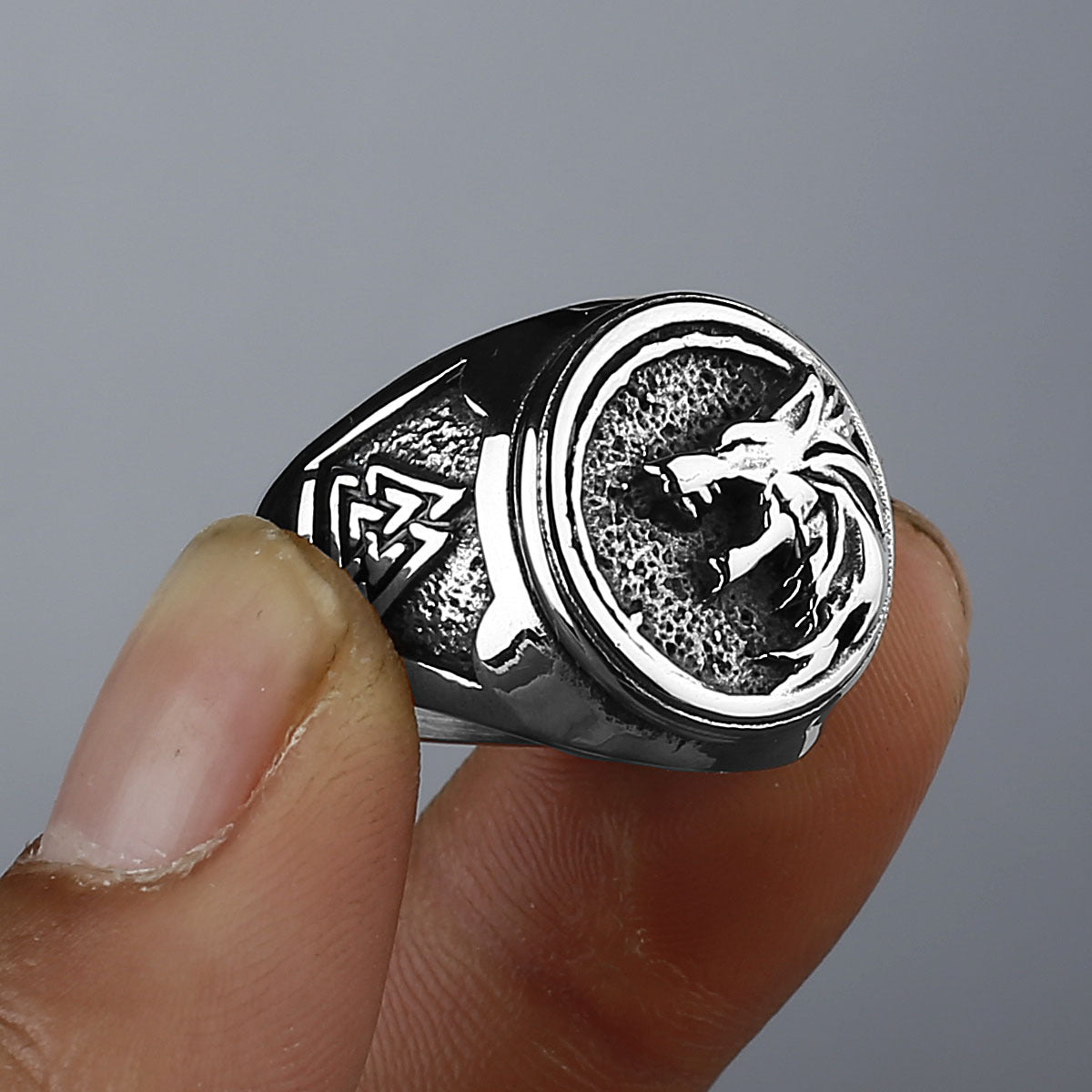 Viking warrior wolf head rune titanium steel ring