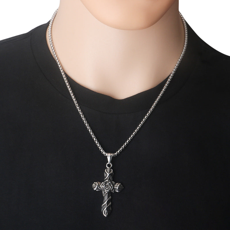 Retro rose cross necklace