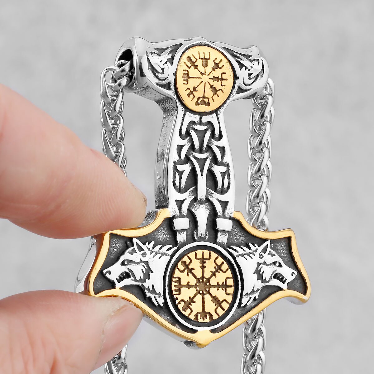 Double Wolf Thor Hammer Necklace