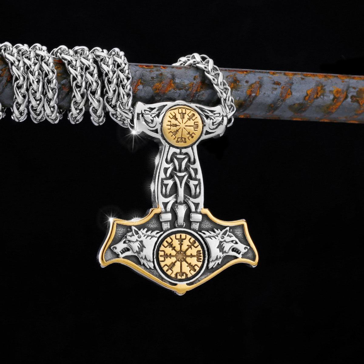 Double Wolf Thor Hammer Necklace