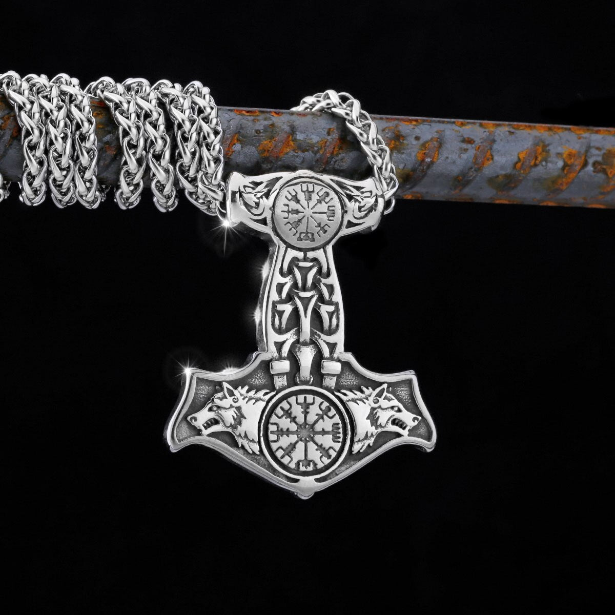 Double Wolf Thor Hammer Necklace