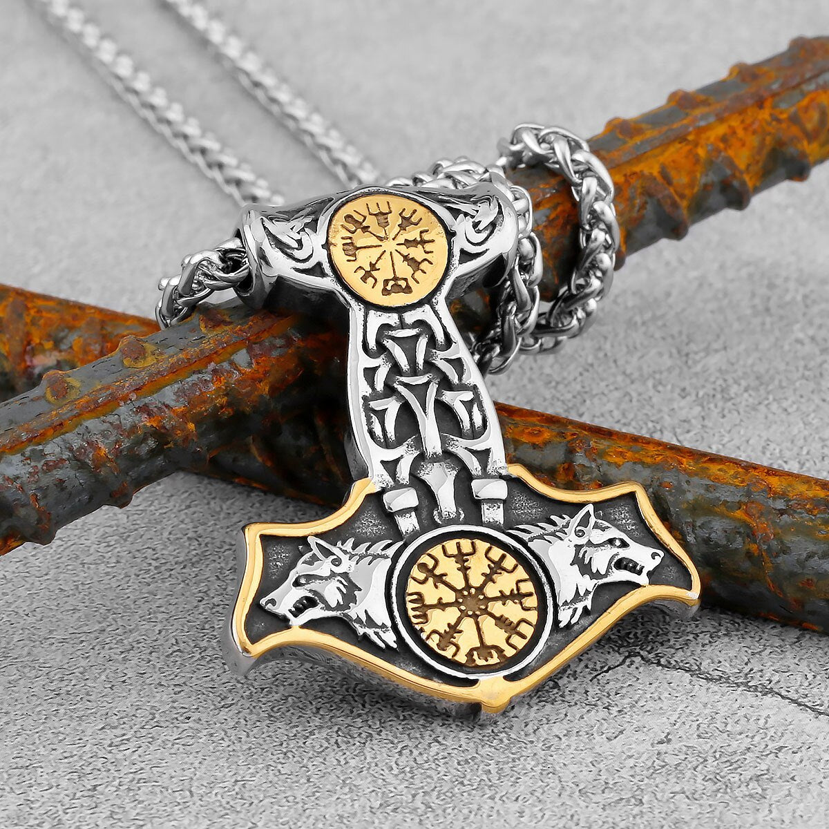 Double Wolf Thor Hammer Necklace