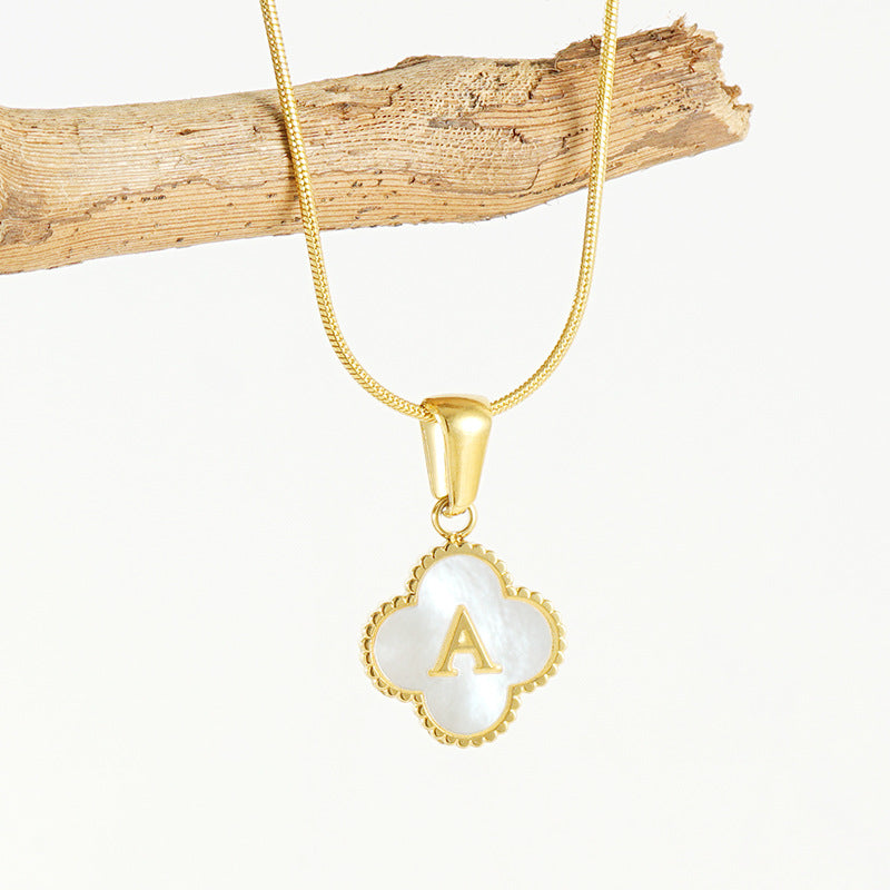 Four-leaf clover shell letter necklace