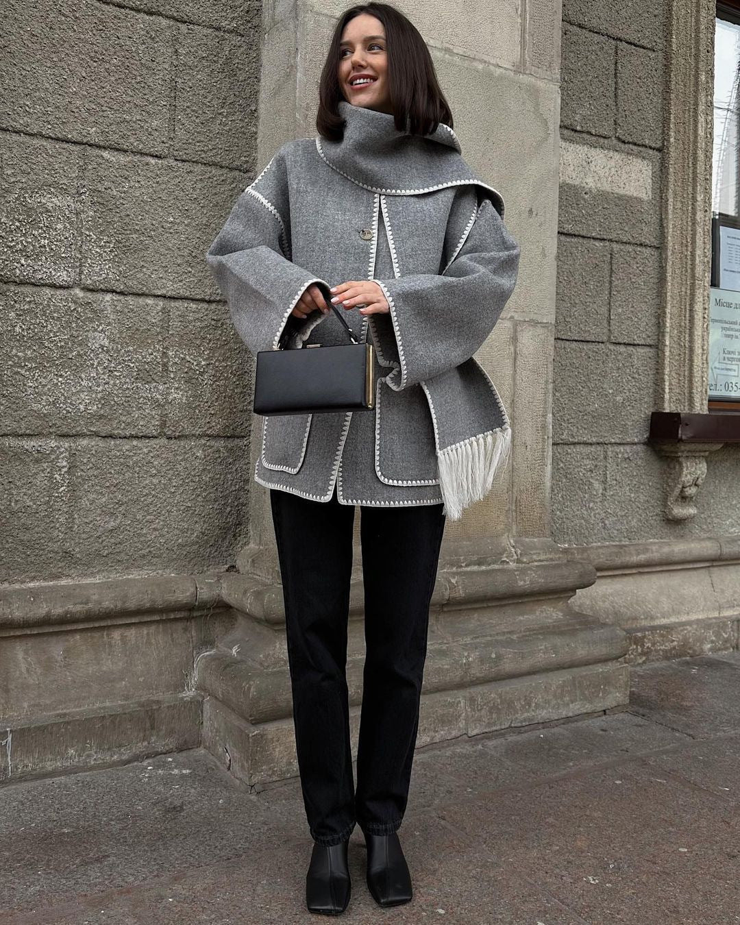 Woolen Long-sleeved Jacket with Scarf