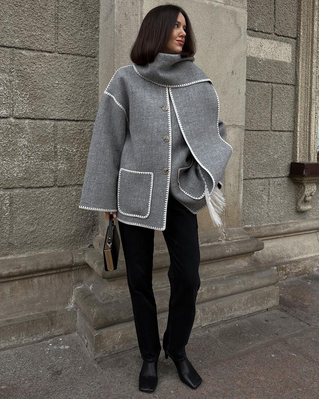 Woolen Long-sleeved Jacket with Scarf