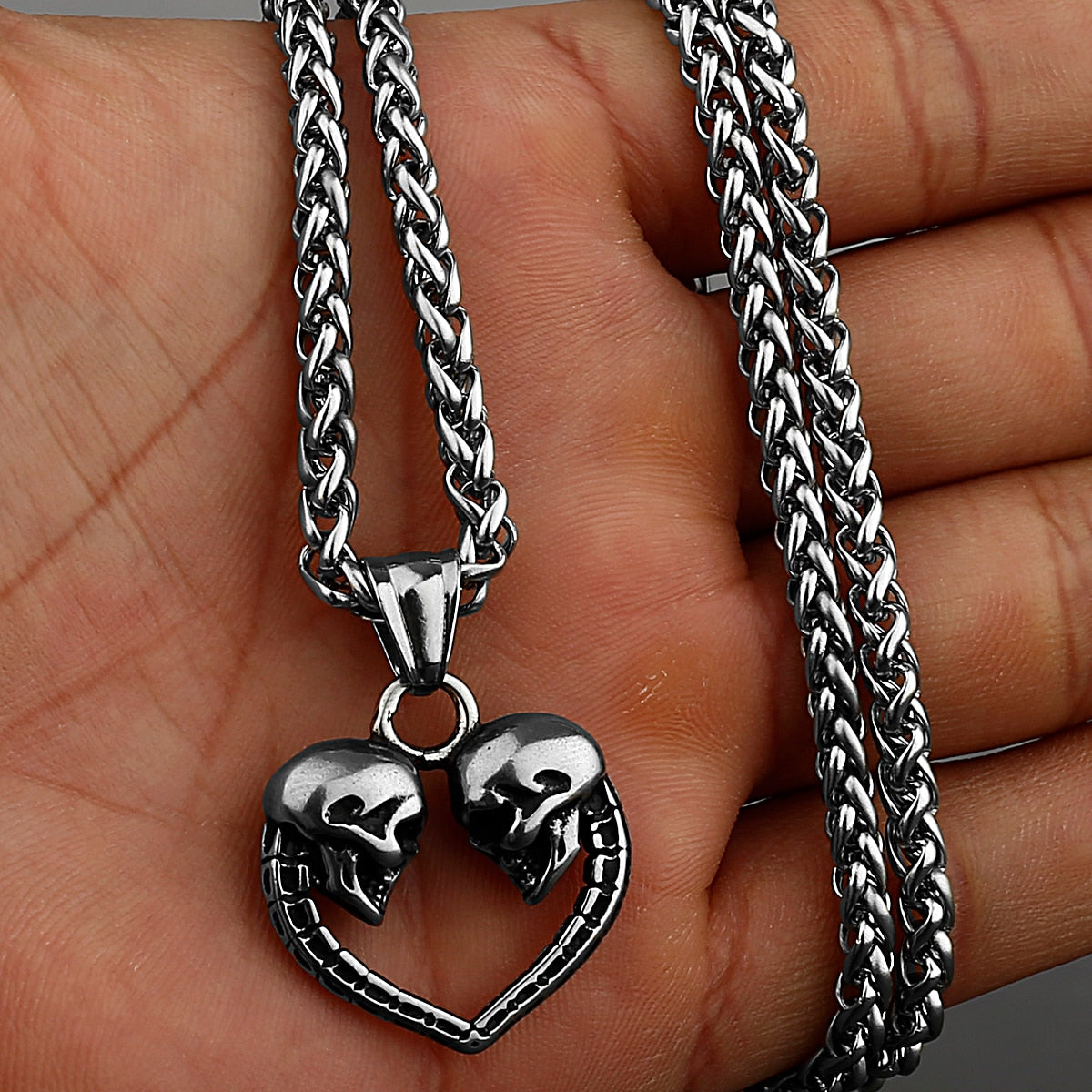 Double Skull Heart Necklace