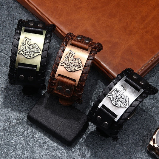 Viking Wolf Head Leather Bracelet