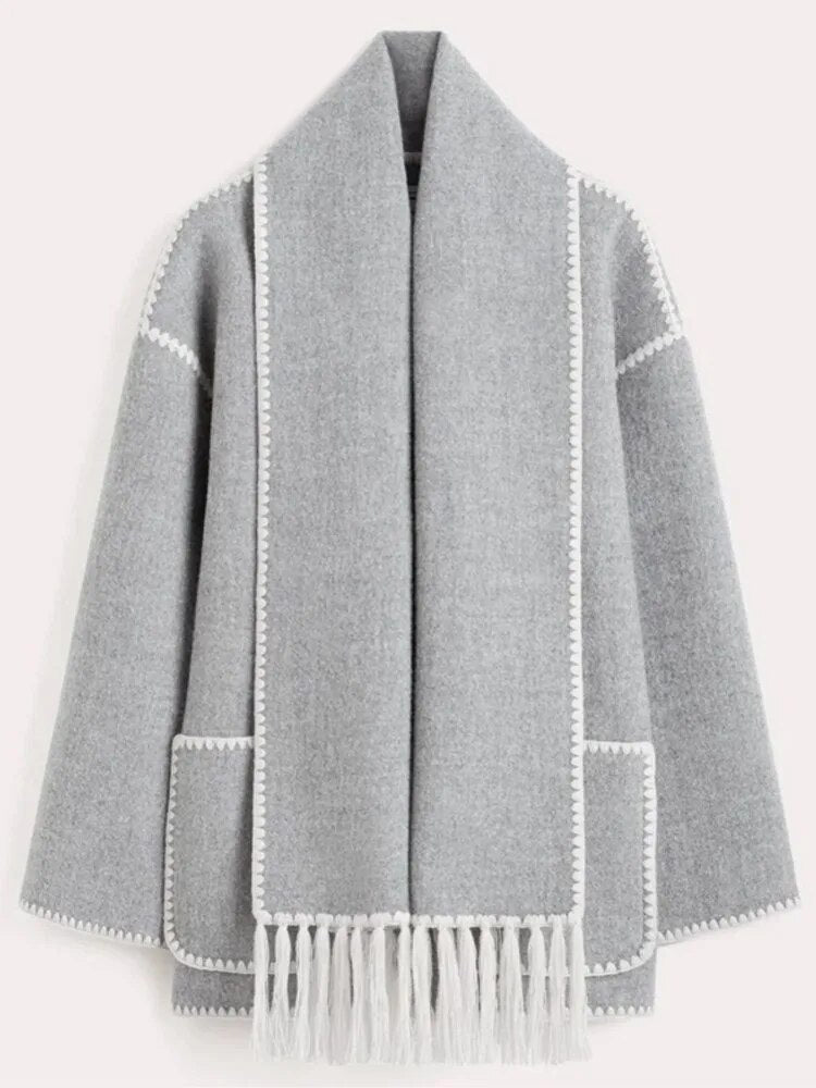 Wool spliced fringed jacket