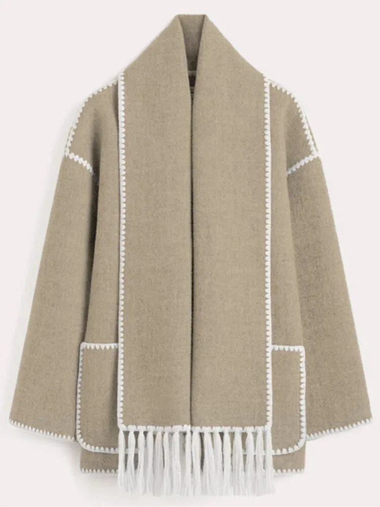 Wool spliced fringed jacket